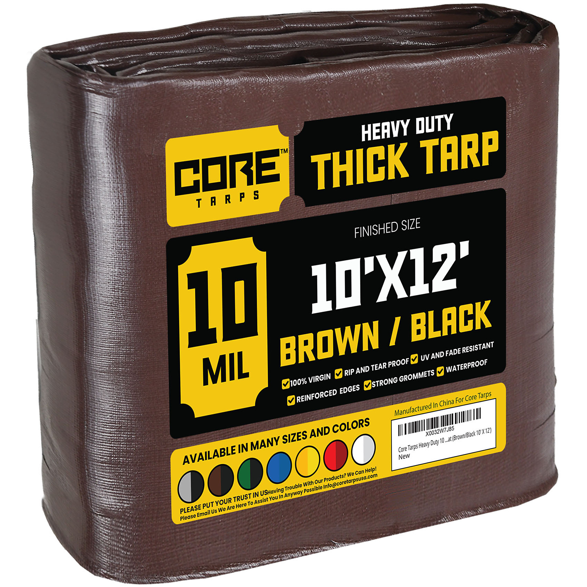 Core Tarps Heavy Duty Poly Tarp Cover — 10ft. x 12ft., 10 Mil, Waterproof, UV Resistant, Rip and Tear Proof, Reinforced Edges, Brown/Black, Model# CT-602-10X12